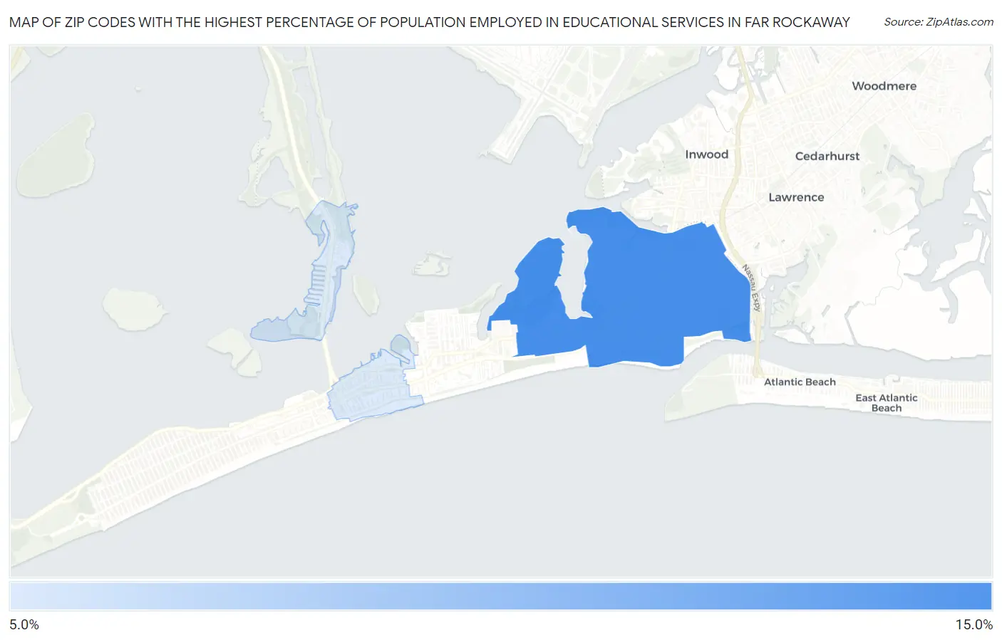 Zip Codes with the Highest Percentage of Population Employed in Educational Services in Far Rockaway Map