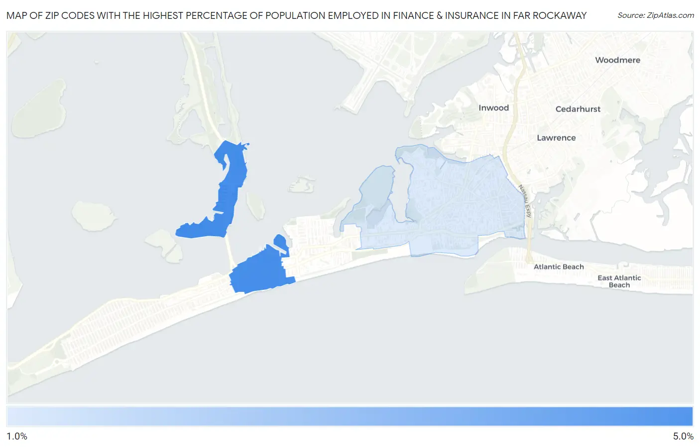 Zip Codes with the Highest Percentage of Population Employed in Finance & Insurance in Far Rockaway Map
