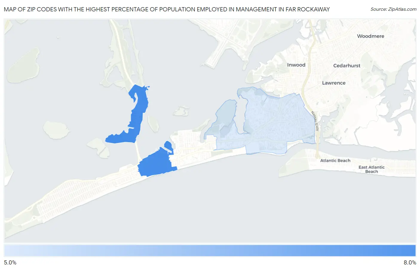 Zip Codes with the Highest Percentage of Population Employed in Management in Far Rockaway Map