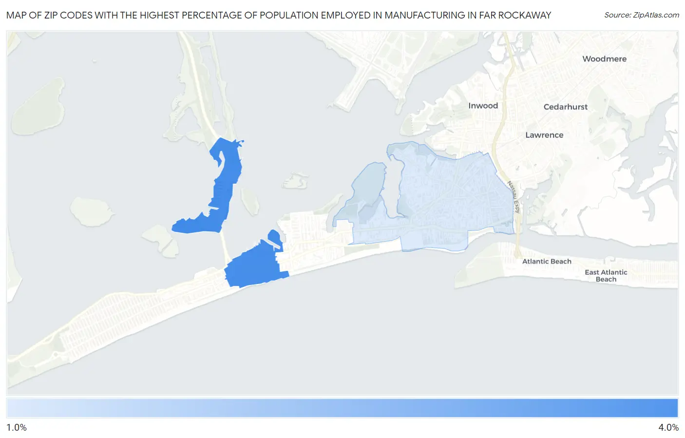 Zip Codes with the Highest Percentage of Population Employed in Manufacturing in Far Rockaway Map