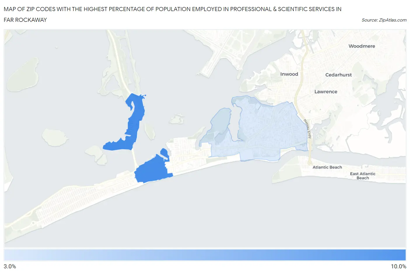 Zip Codes with the Highest Percentage of Population Employed in Professional & Scientific Services in Far Rockaway Map