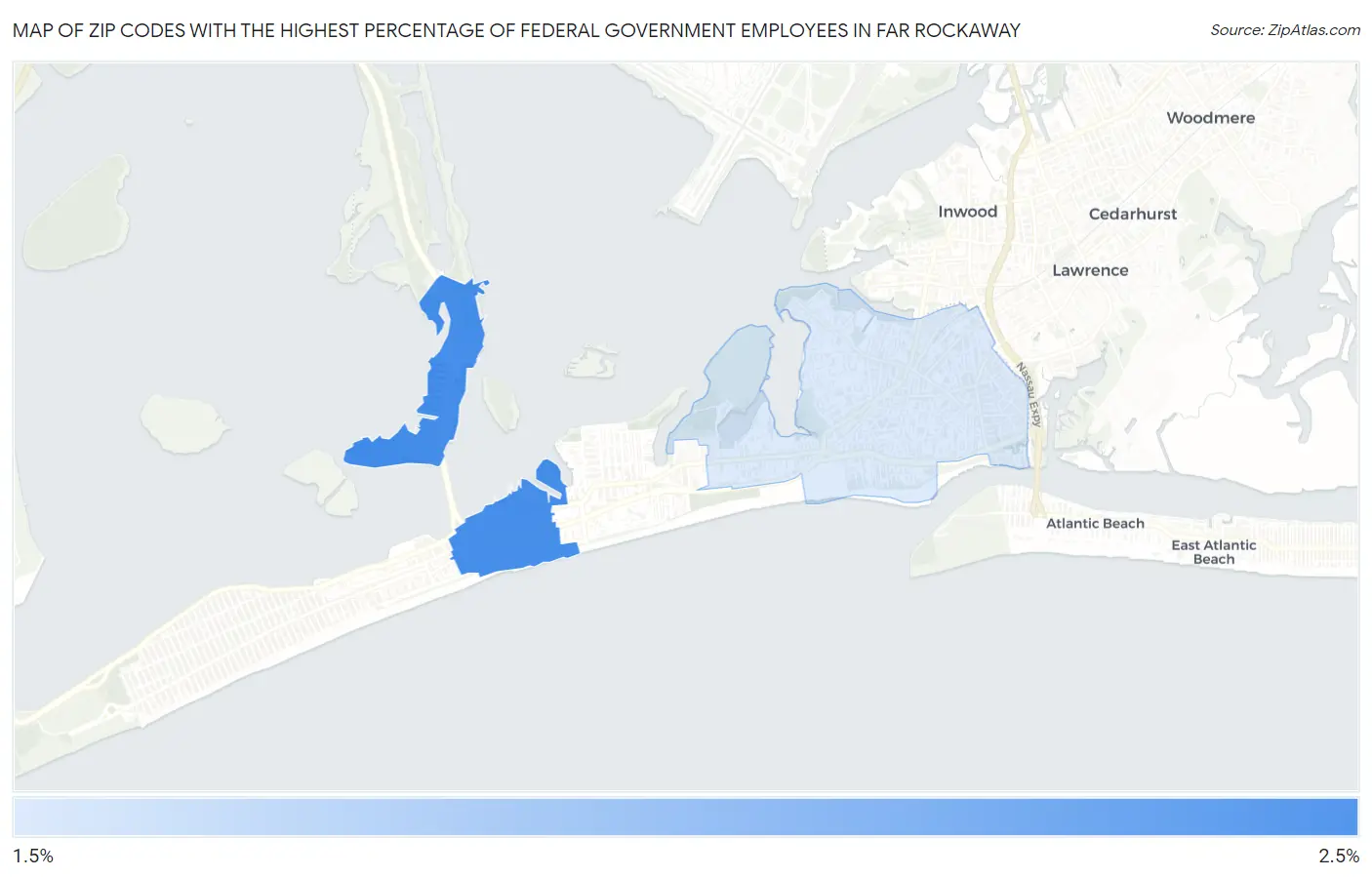 Zip Codes with the Highest Percentage of Federal Government Employees in Far Rockaway Map