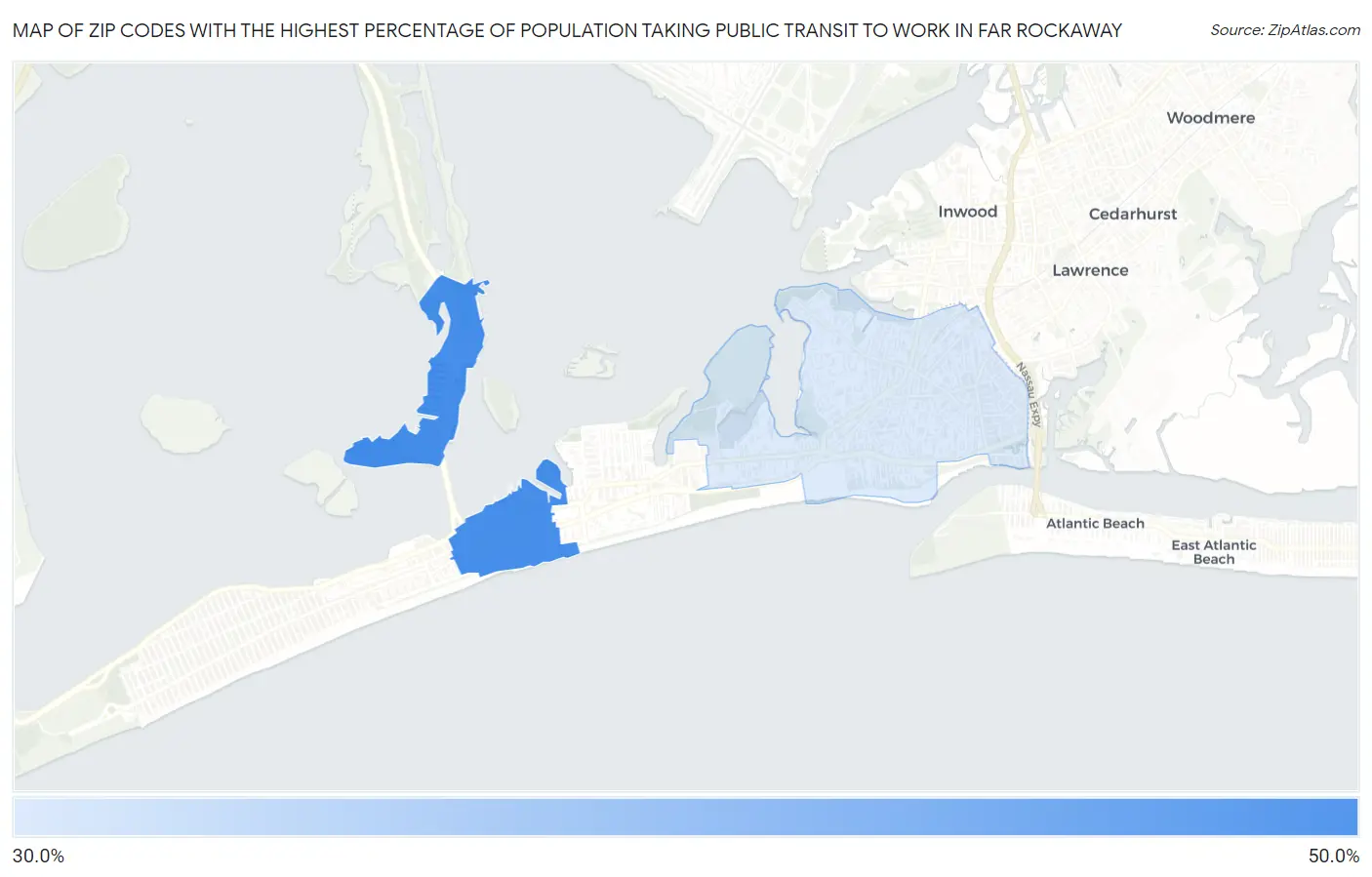 Zip Codes with the Highest Percentage of Population Taking Public Transit to Work in Far Rockaway Map