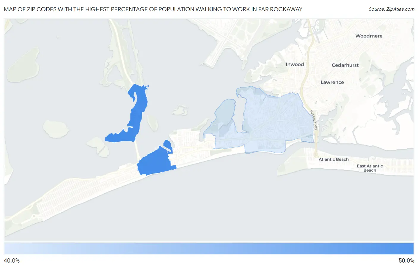 Zip Codes with the Highest Percentage of Population Walking to Work in Far Rockaway Map
