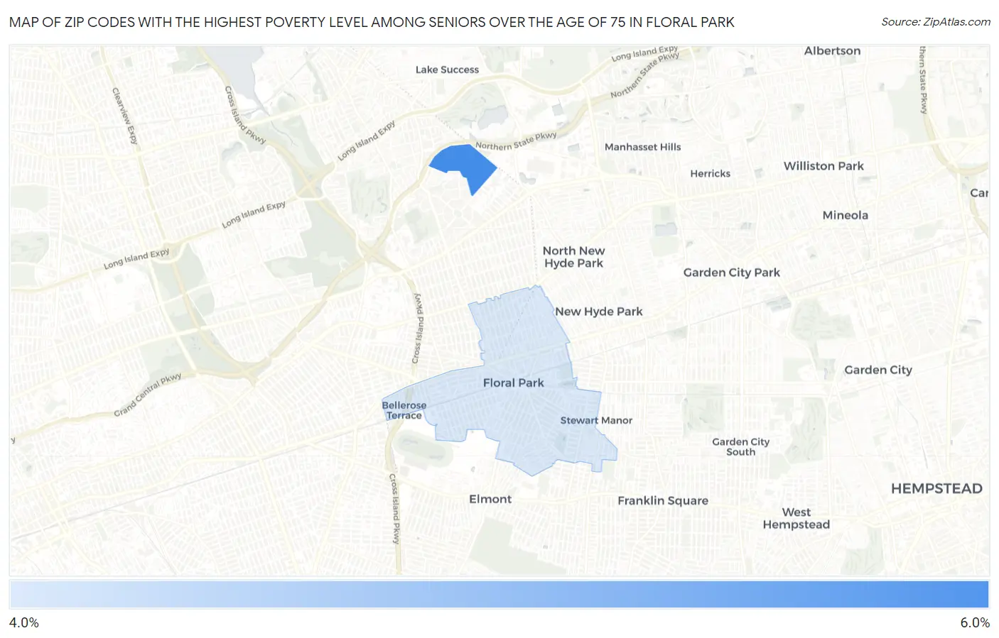 Zip Codes with the Highest Poverty Level Among Seniors Over the Age of 75 in Floral Park Map