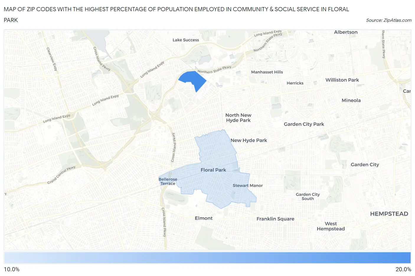 Zip Codes with the Highest Percentage of Population Employed in Community & Social Service  in Floral Park Map