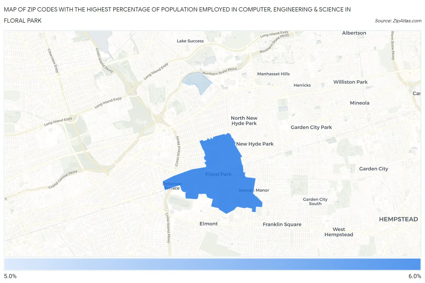 Zip Codes with the Highest Percentage of Population Employed in Computer, Engineering & Science in Floral Park Map