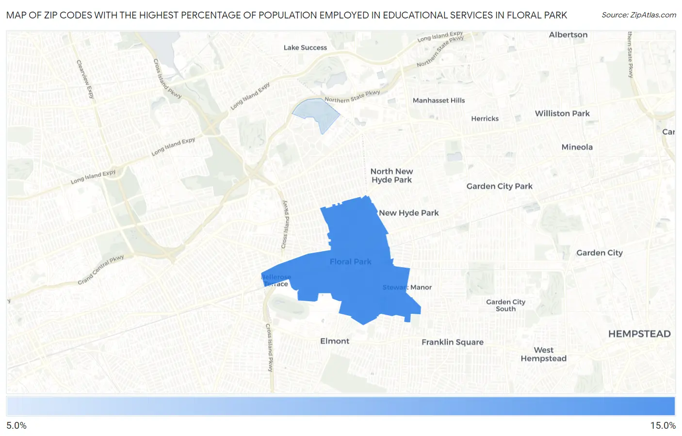 Zip Codes with the Highest Percentage of Population Employed in Educational Services in Floral Park Map