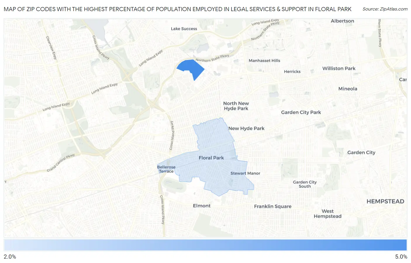 Zip Codes with the Highest Percentage of Population Employed in Legal Services & Support in Floral Park Map