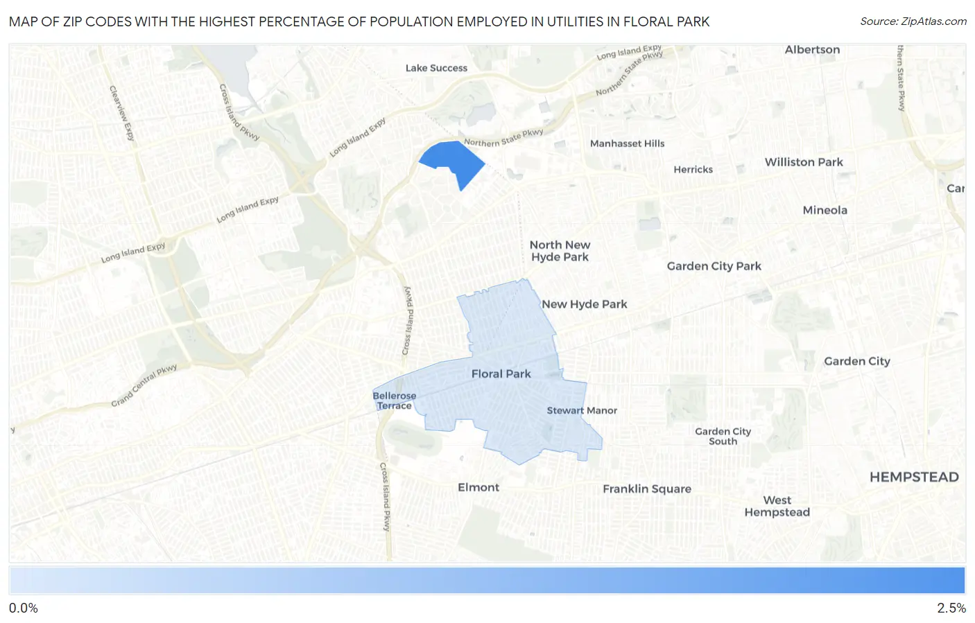 Zip Codes with the Highest Percentage of Population Employed in Utilities in Floral Park Map