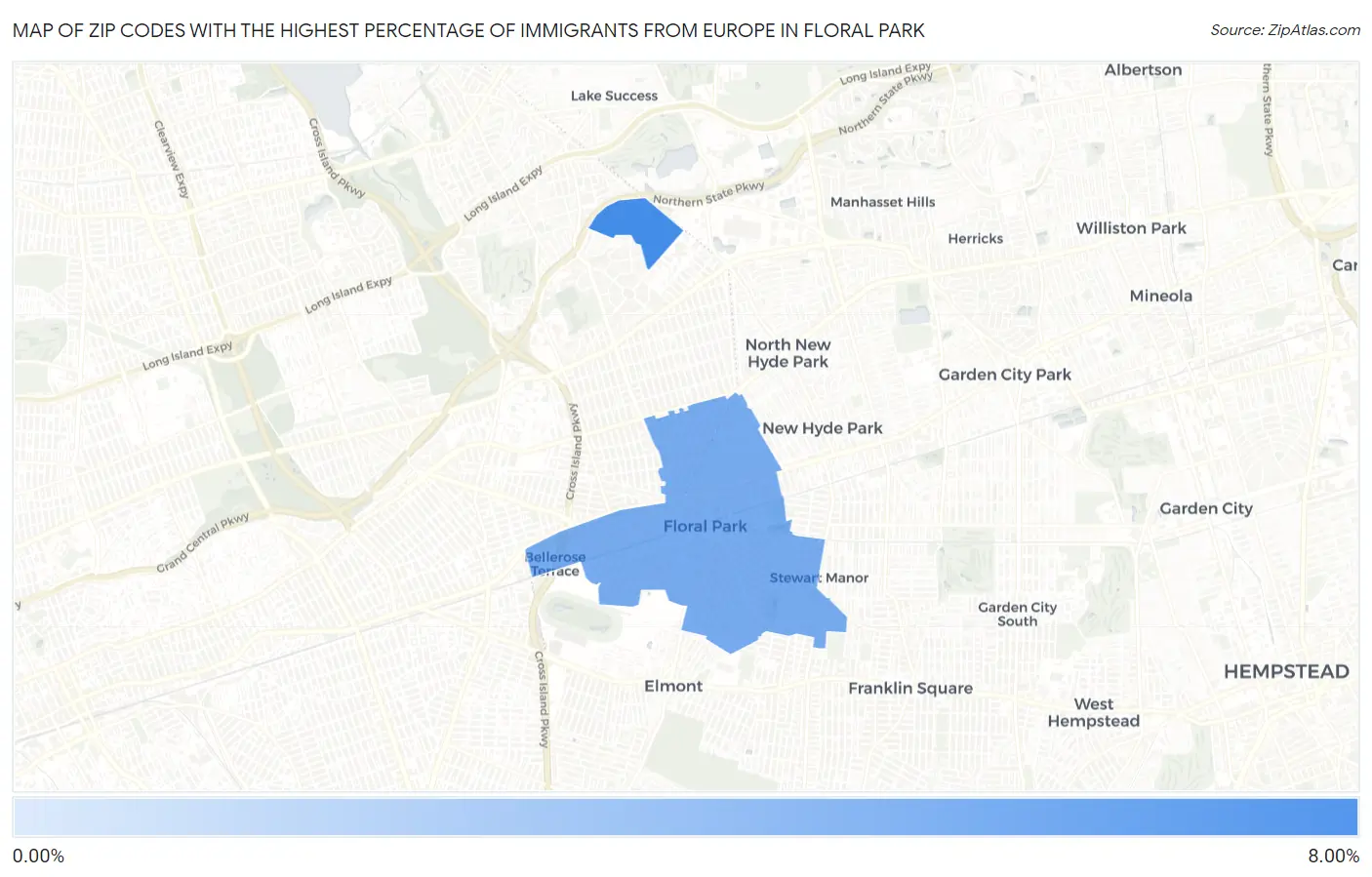 Zip Codes with the Highest Percentage of Immigrants from Europe in Floral Park Map