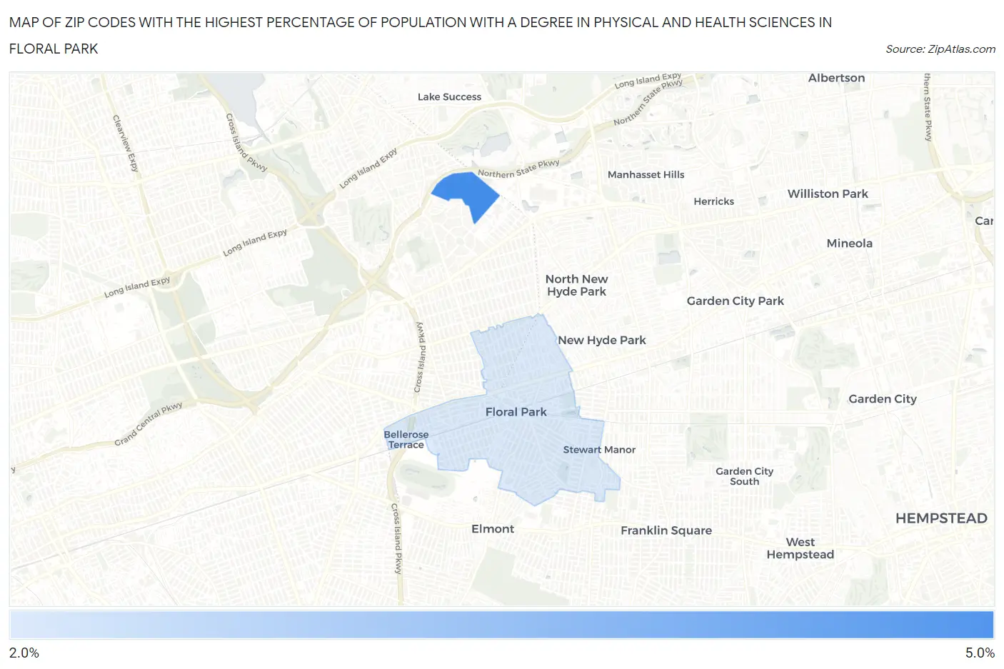 Zip Codes with the Highest Percentage of Population with a Degree in Physical and Health Sciences in Floral Park Map