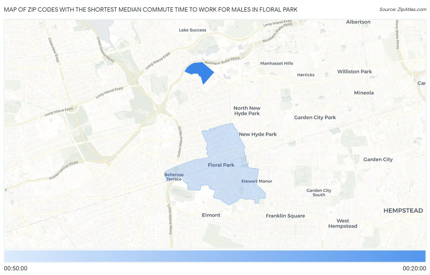 Zip Codes with the Shortest Median Commute Time to Work for Males in Floral Park Map