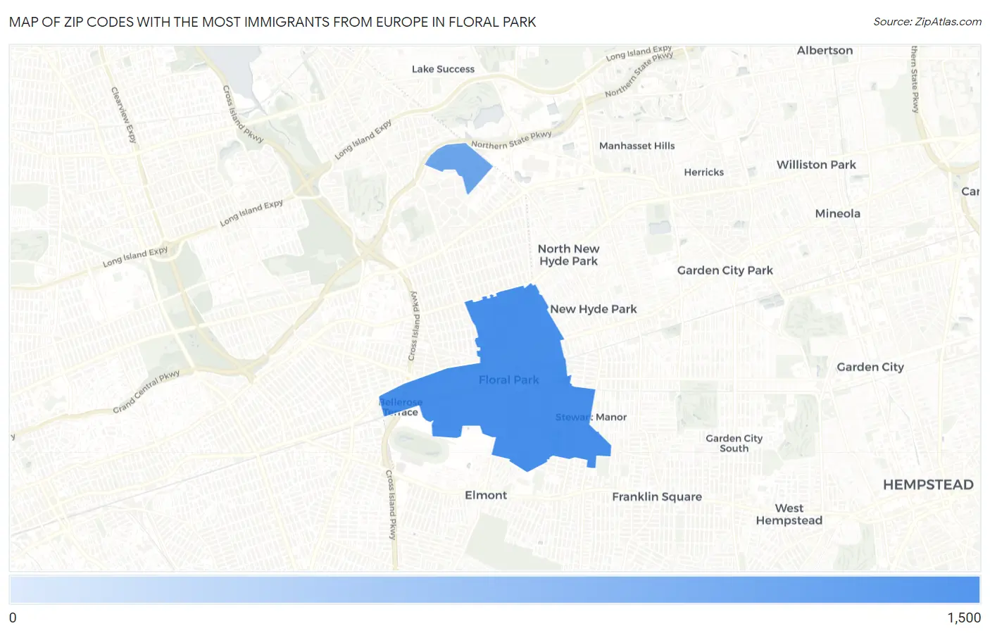 Zip Codes with the Most Immigrants from Europe in Floral Park Map