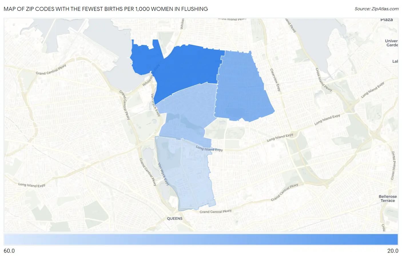 Zip Codes with the Fewest Births per 1,000 Women in Flushing Map
