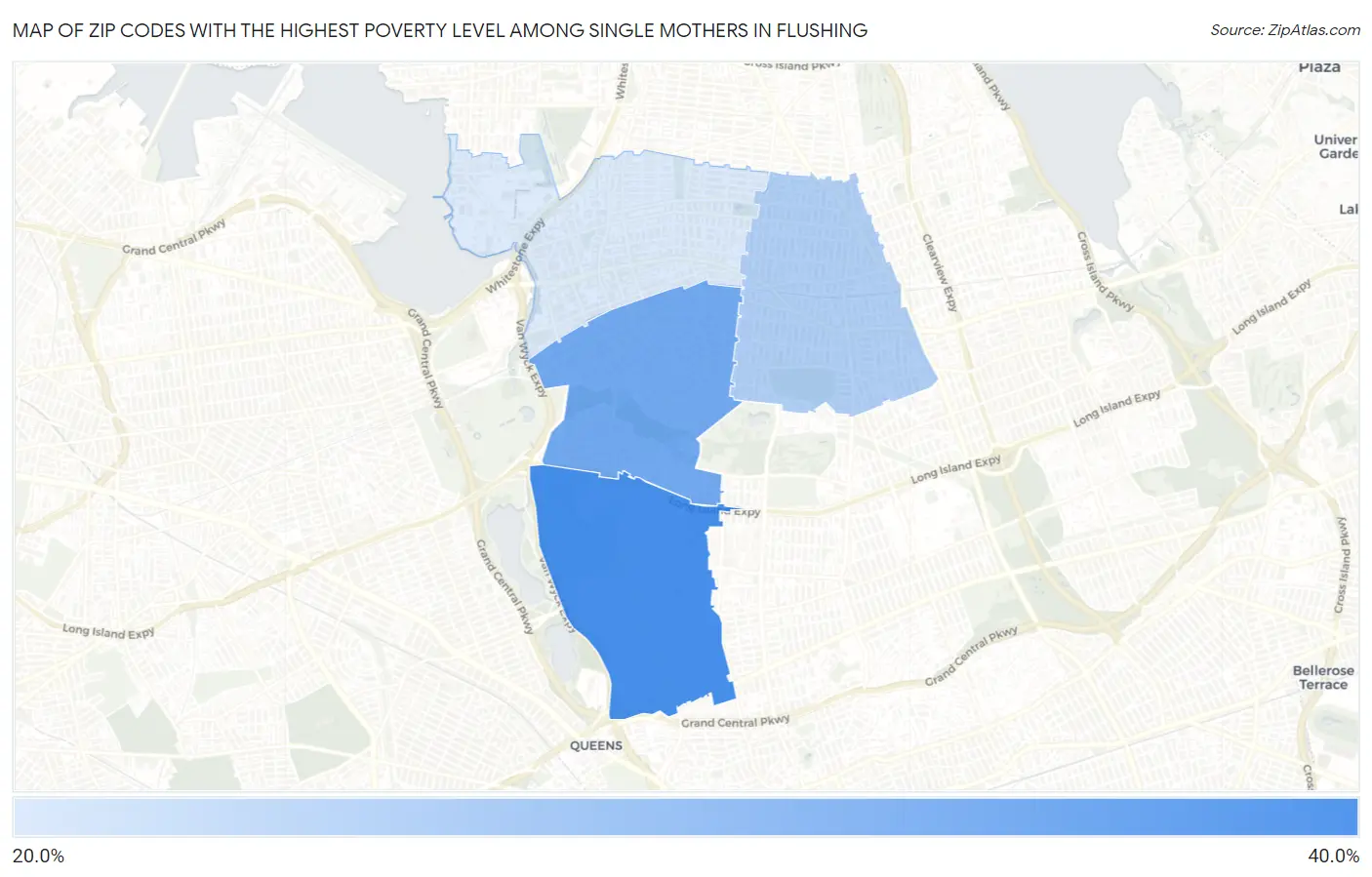 Zip Codes with the Highest Poverty Level Among Single Mothers in Flushing Map