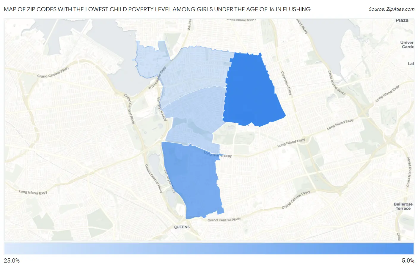 Zip Codes with the Lowest Child Poverty Level Among Girls Under the Age of 16 in Flushing Map
