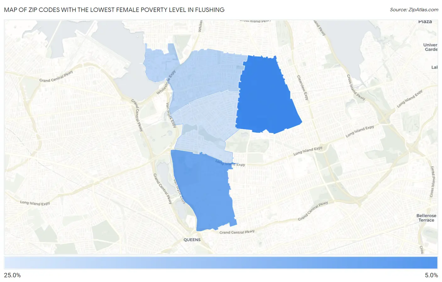 Zip Codes with the Lowest Female Poverty Level in Flushing Map