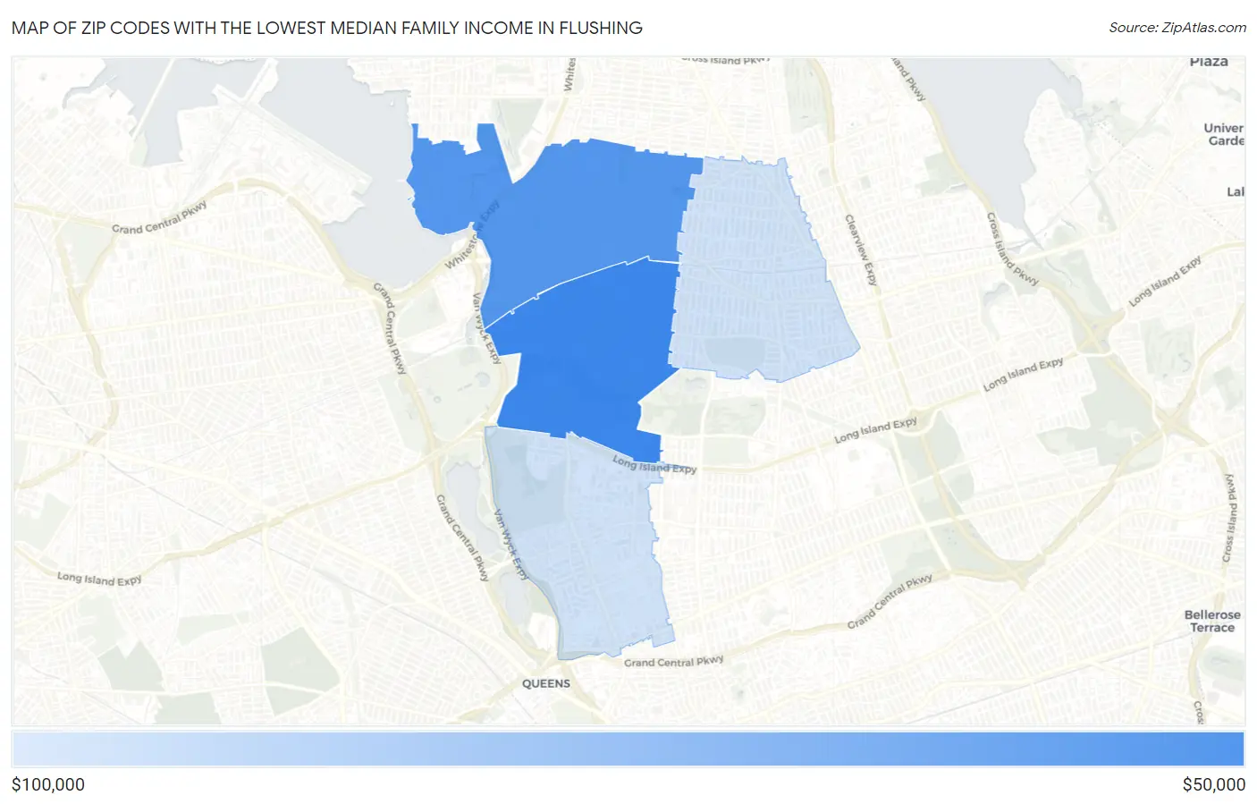 Zip Codes with the Lowest Median Family Income in Flushing Map