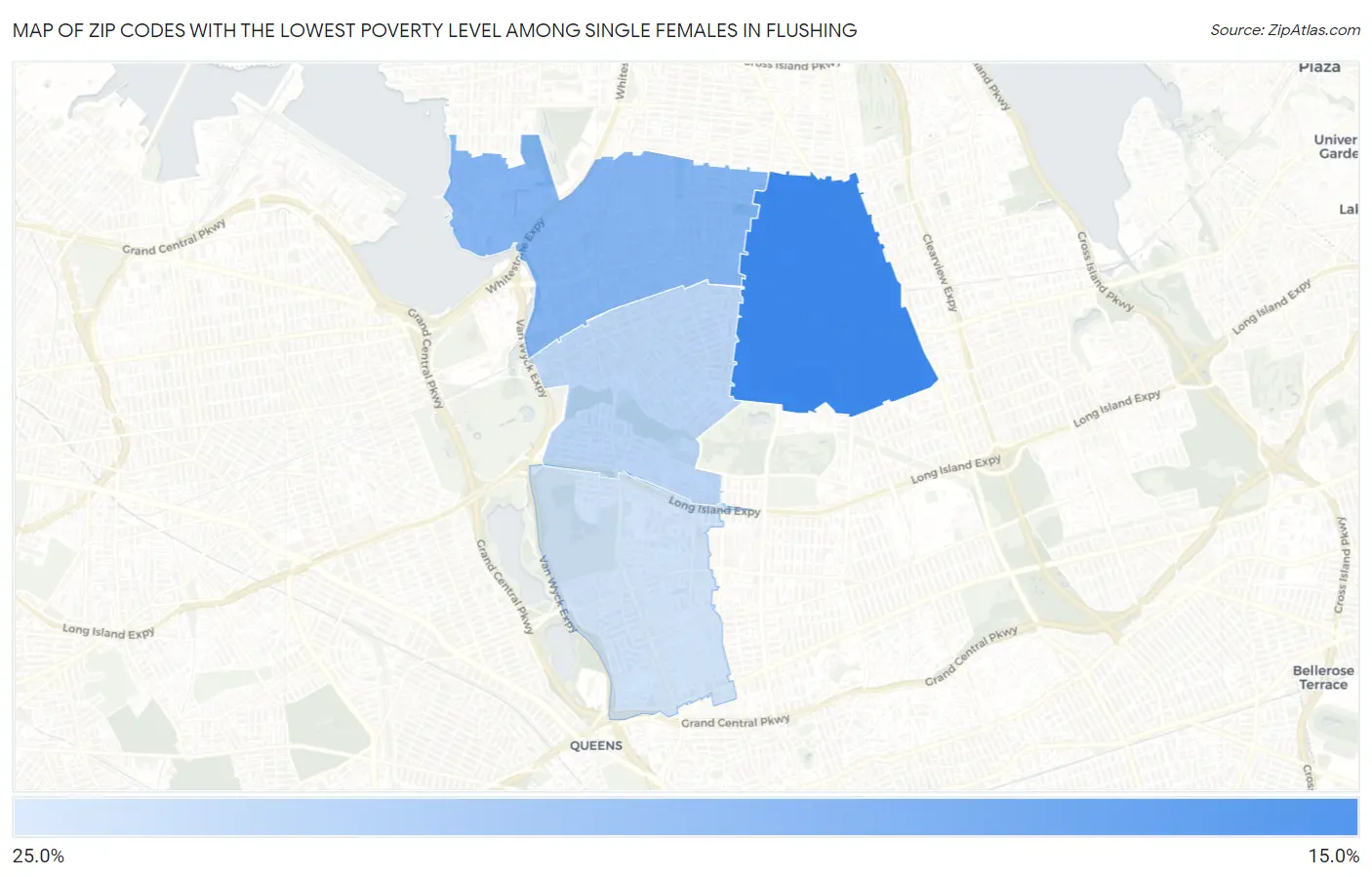 Zip Codes with the Lowest Poverty Level Among Single Females in Flushing Map