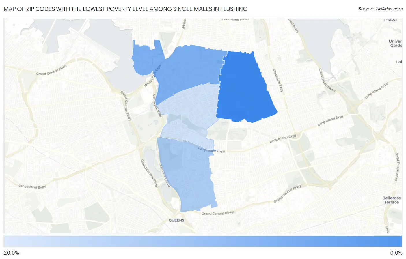 Zip Codes with the Lowest Poverty Level Among Single Males in Flushing Map
