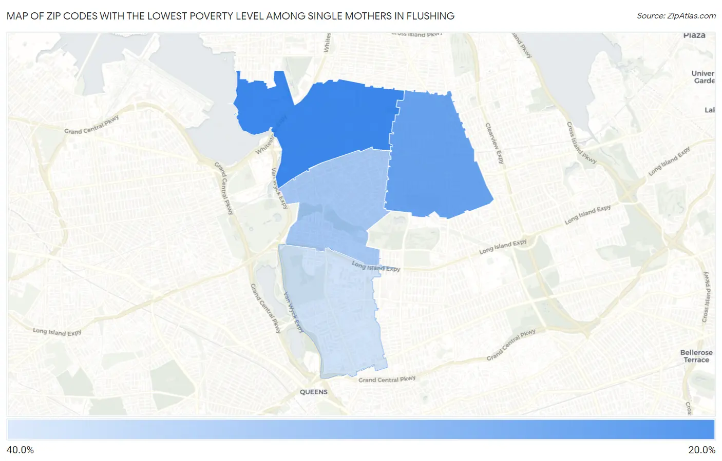 Zip Codes with the Lowest Poverty Level Among Single Mothers in Flushing Map