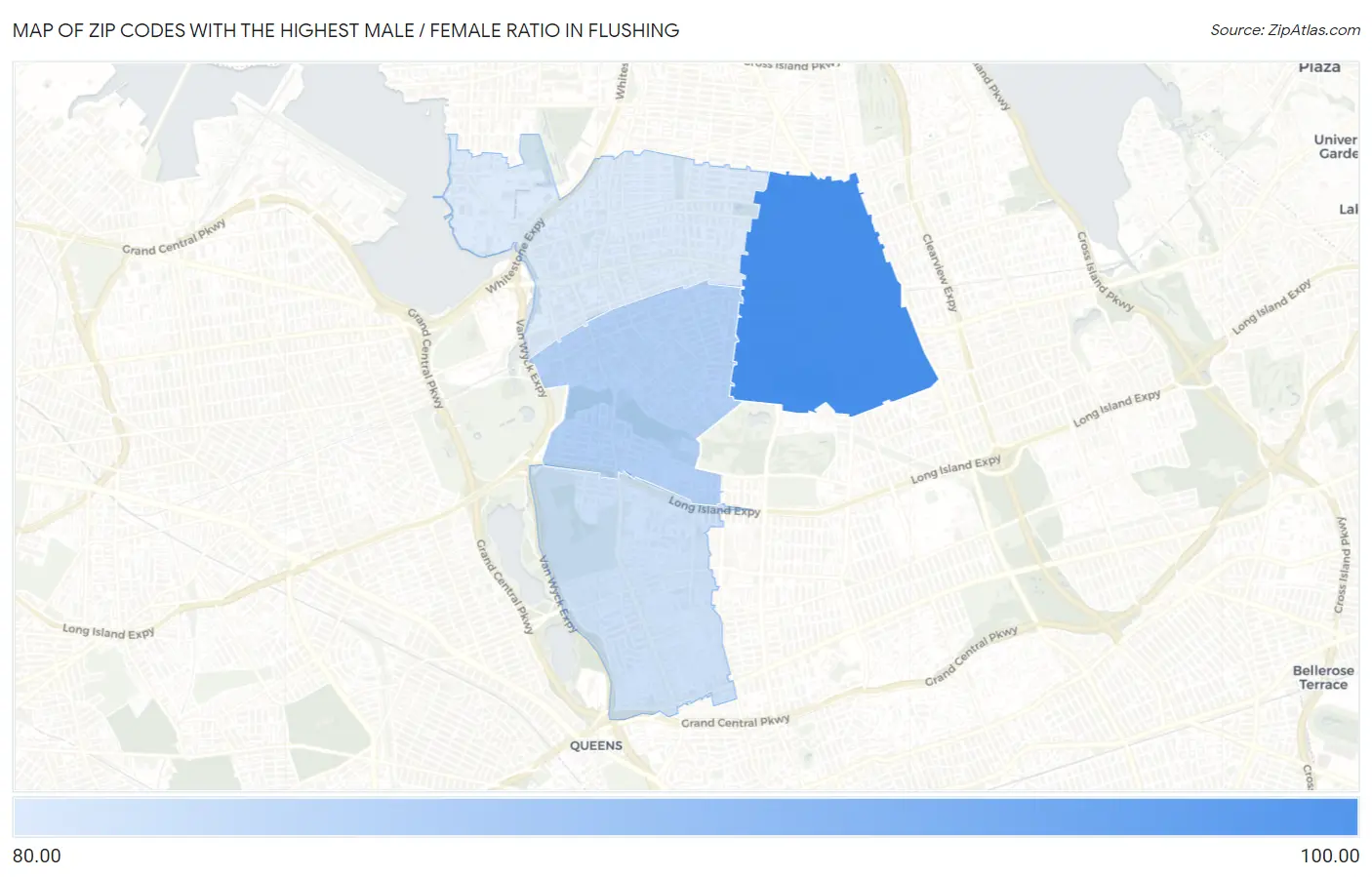 Zip Codes with the Highest Male / Female Ratio in Flushing Map