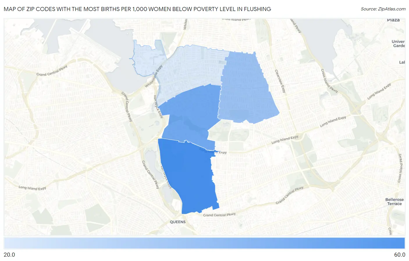 Zip Codes with the Most Births per 1,000 Women Below Poverty Level in Flushing Map