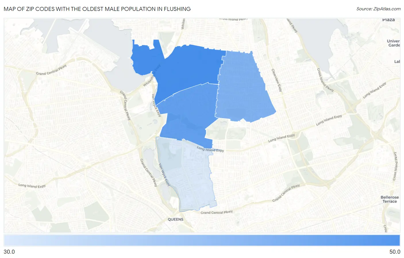Zip Codes with the Oldest Male Population in Flushing Map