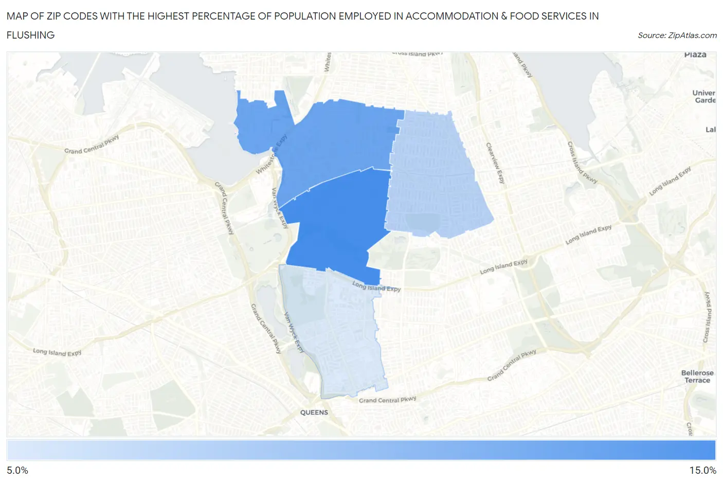 Zip Codes with the Highest Percentage of Population Employed in Accommodation & Food Services in Flushing Map