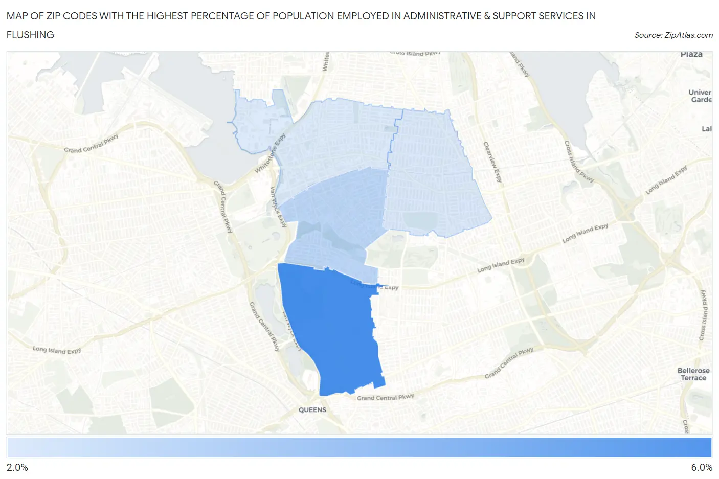 Zip Codes with the Highest Percentage of Population Employed in Administrative & Support Services in Flushing Map