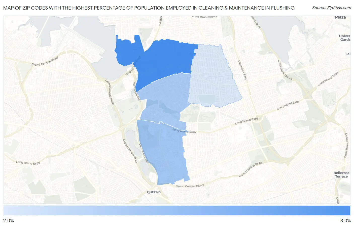 Zip Codes with the Highest Percentage of Population Employed in Cleaning & Maintenance in Flushing Map