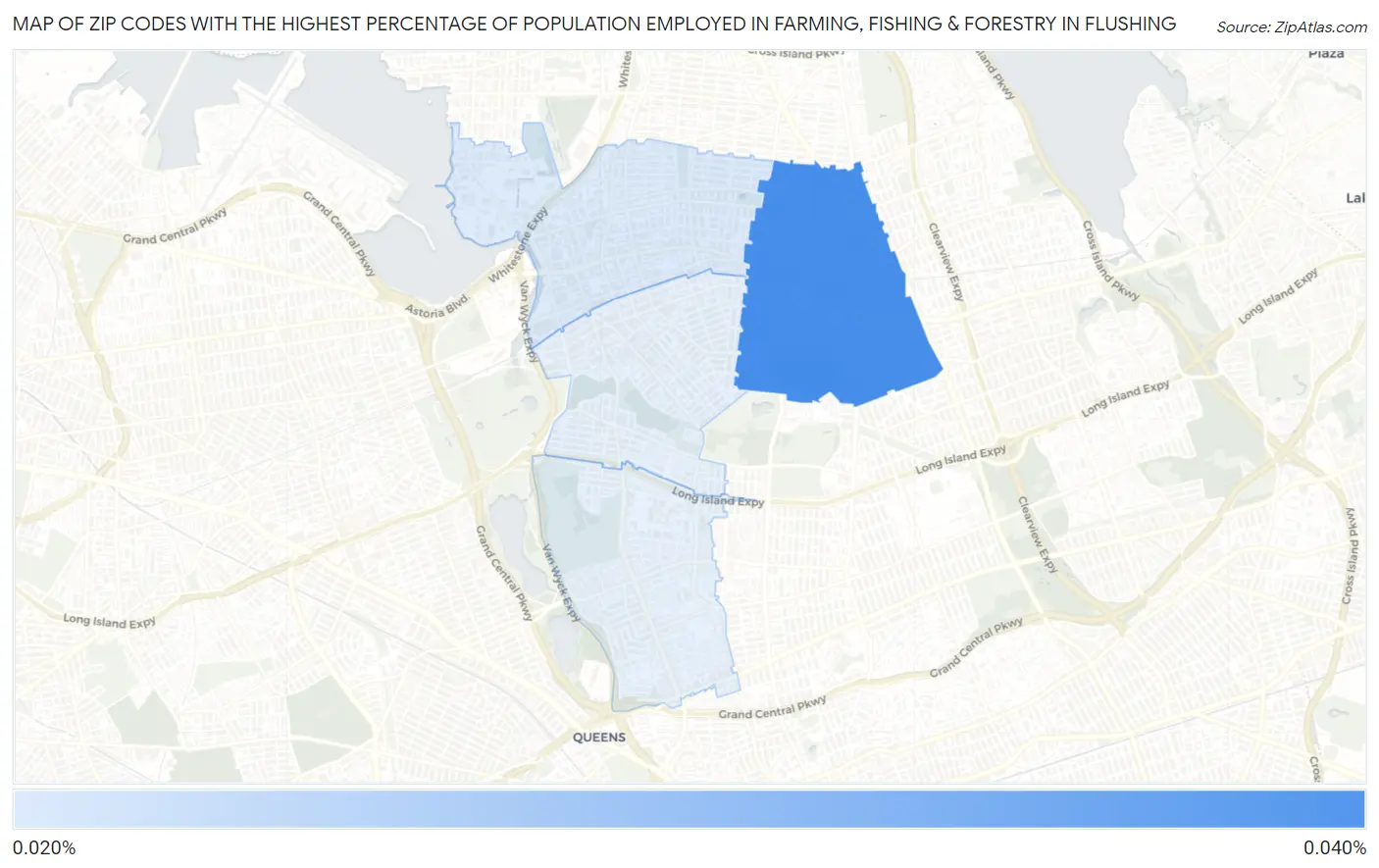Zip Codes with the Highest Percentage of Population Employed in Farming, Fishing & Forestry in Flushing Map