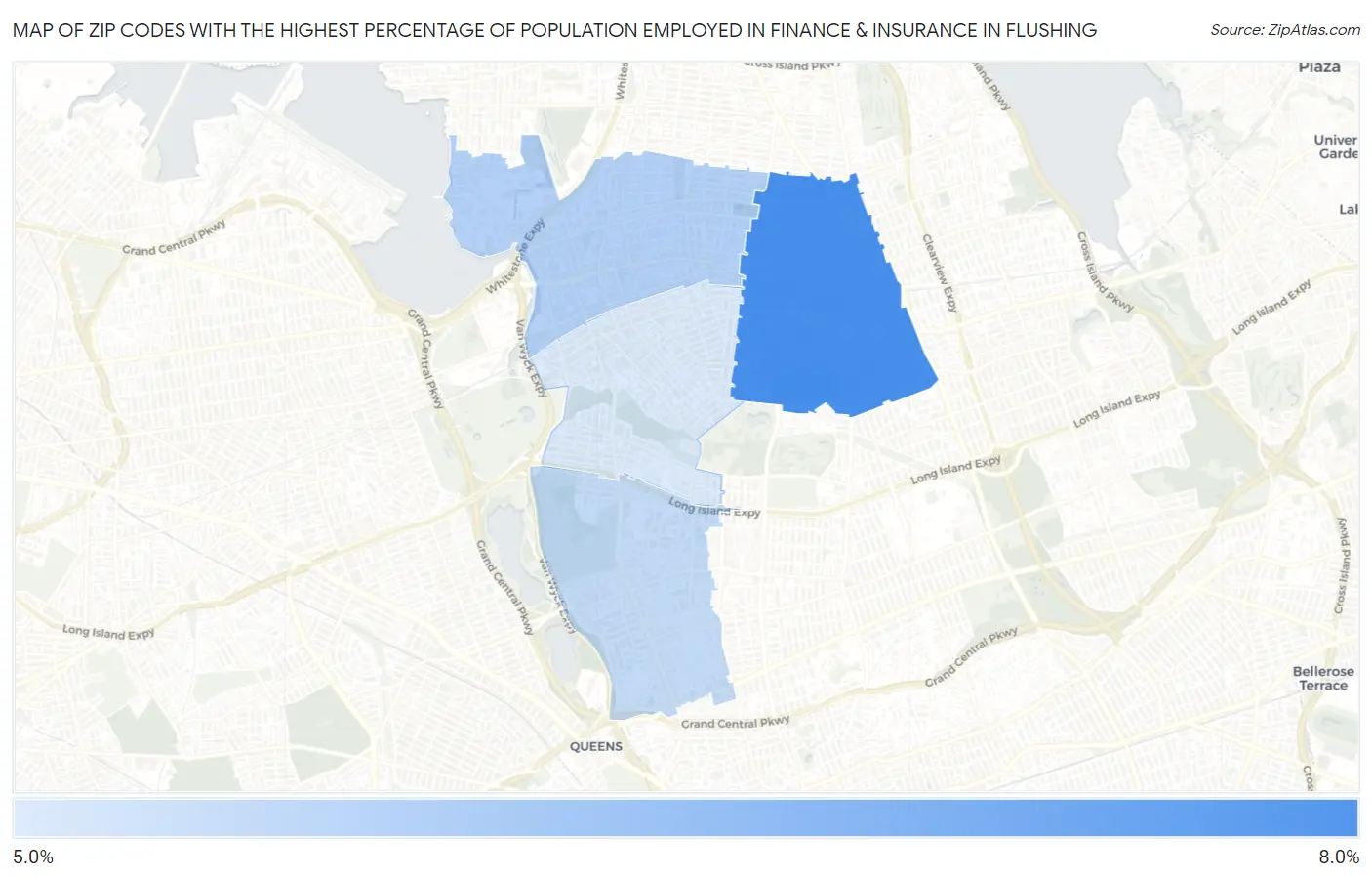 Zip Codes with the Highest Percentage of Population Employed in Finance & Insurance in Flushing Map