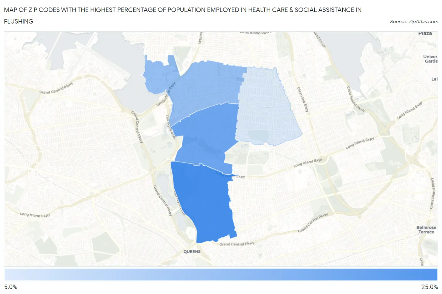 Zip Codes with the Highest Percentage of Population Employed in Health Care & Social Assistance in Flushing Map