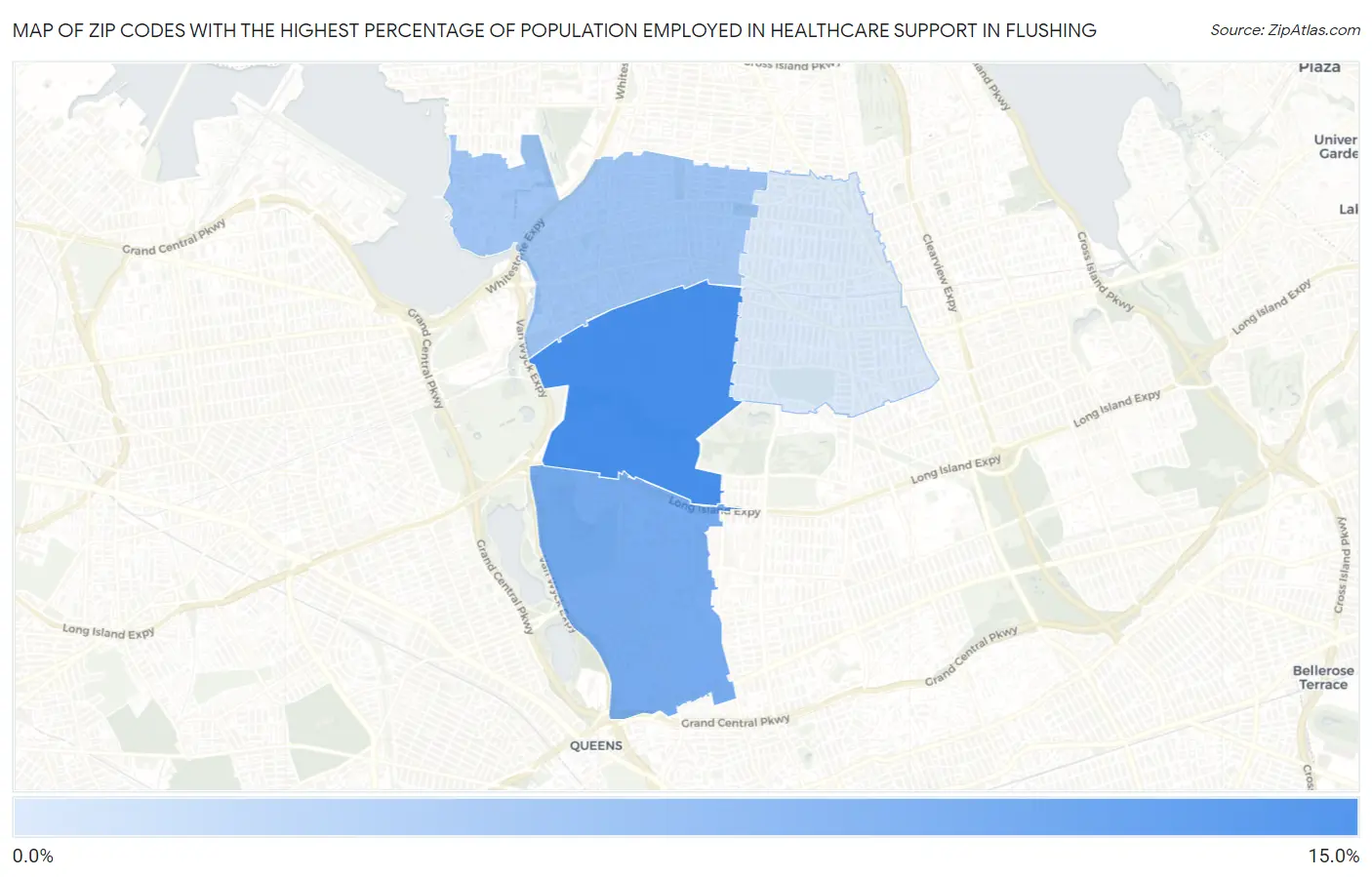 Zip Codes with the Highest Percentage of Population Employed in Healthcare Support in Flushing Map