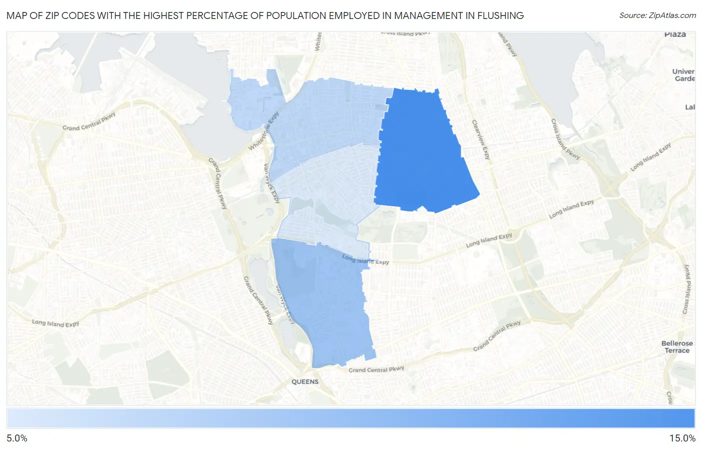 Zip Codes with the Highest Percentage of Population Employed in Management in Flushing Map