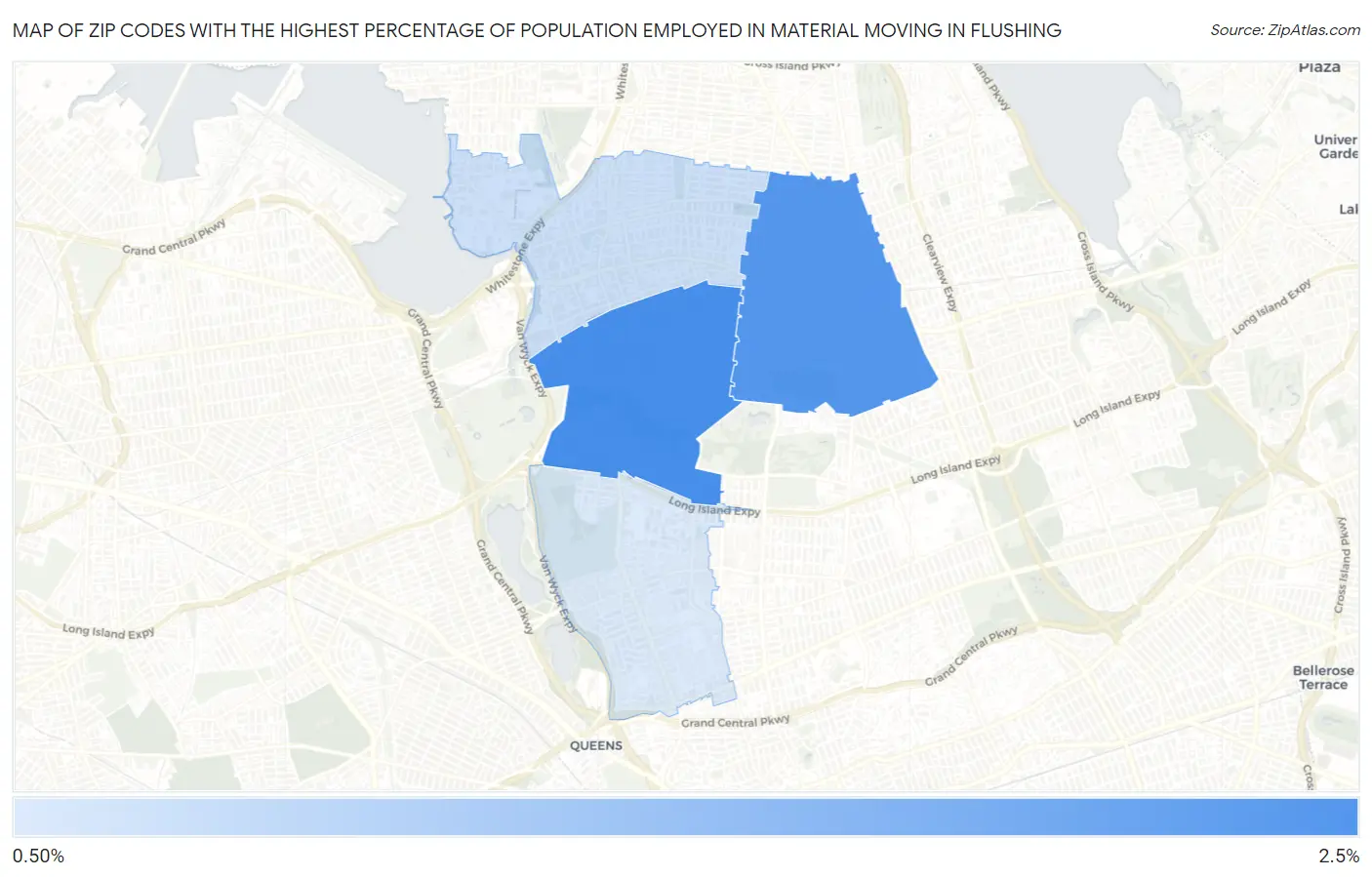 Zip Codes with the Highest Percentage of Population Employed in Material Moving in Flushing Map