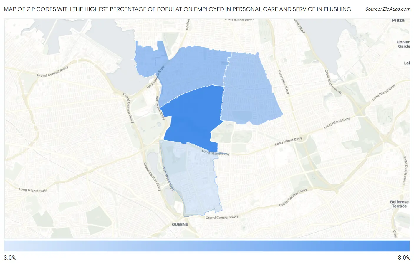 Zip Codes with the Highest Percentage of Population Employed in Personal Care and Service in Flushing Map