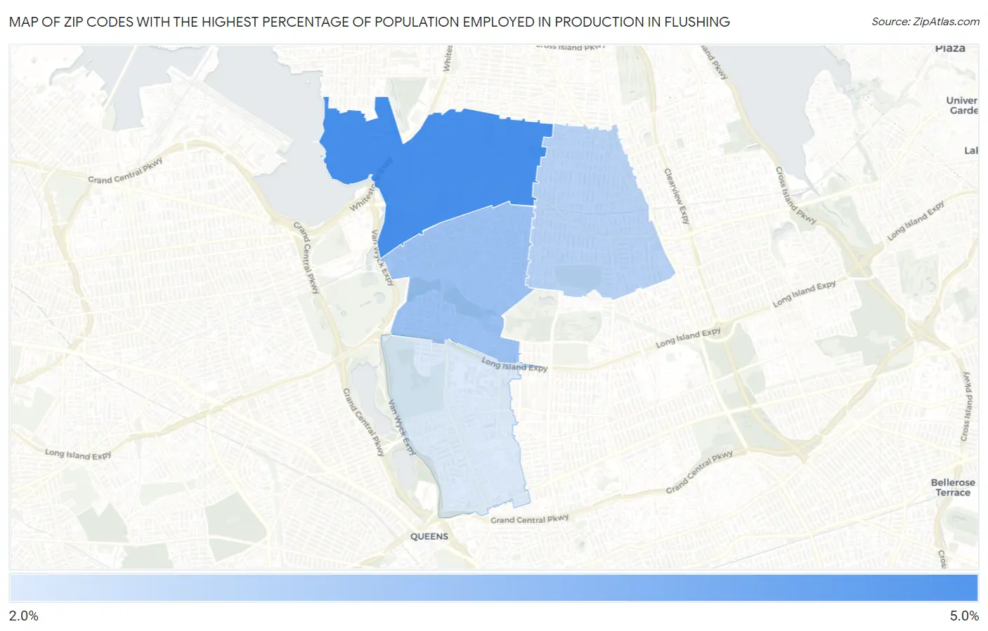 Zip Codes with the Highest Percentage of Population Employed in Production in Flushing Map