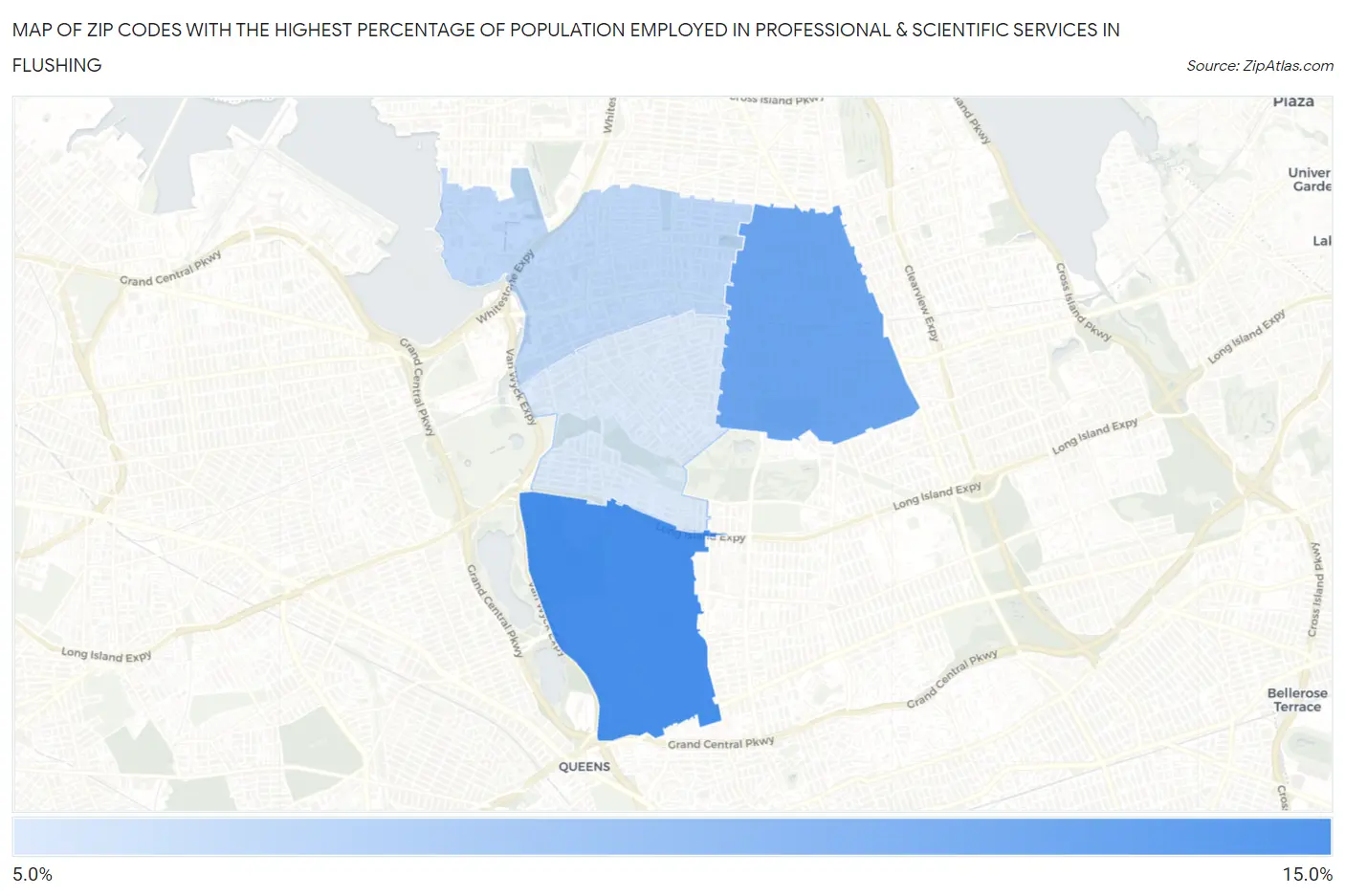 Zip Codes with the Highest Percentage of Population Employed in Professional & Scientific Services in Flushing Map