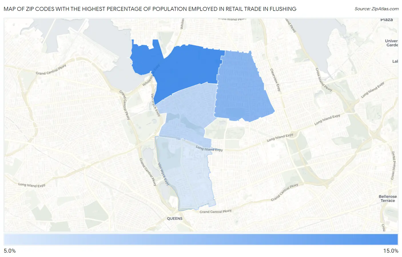 Zip Codes with the Highest Percentage of Population Employed in Retail Trade in Flushing Map