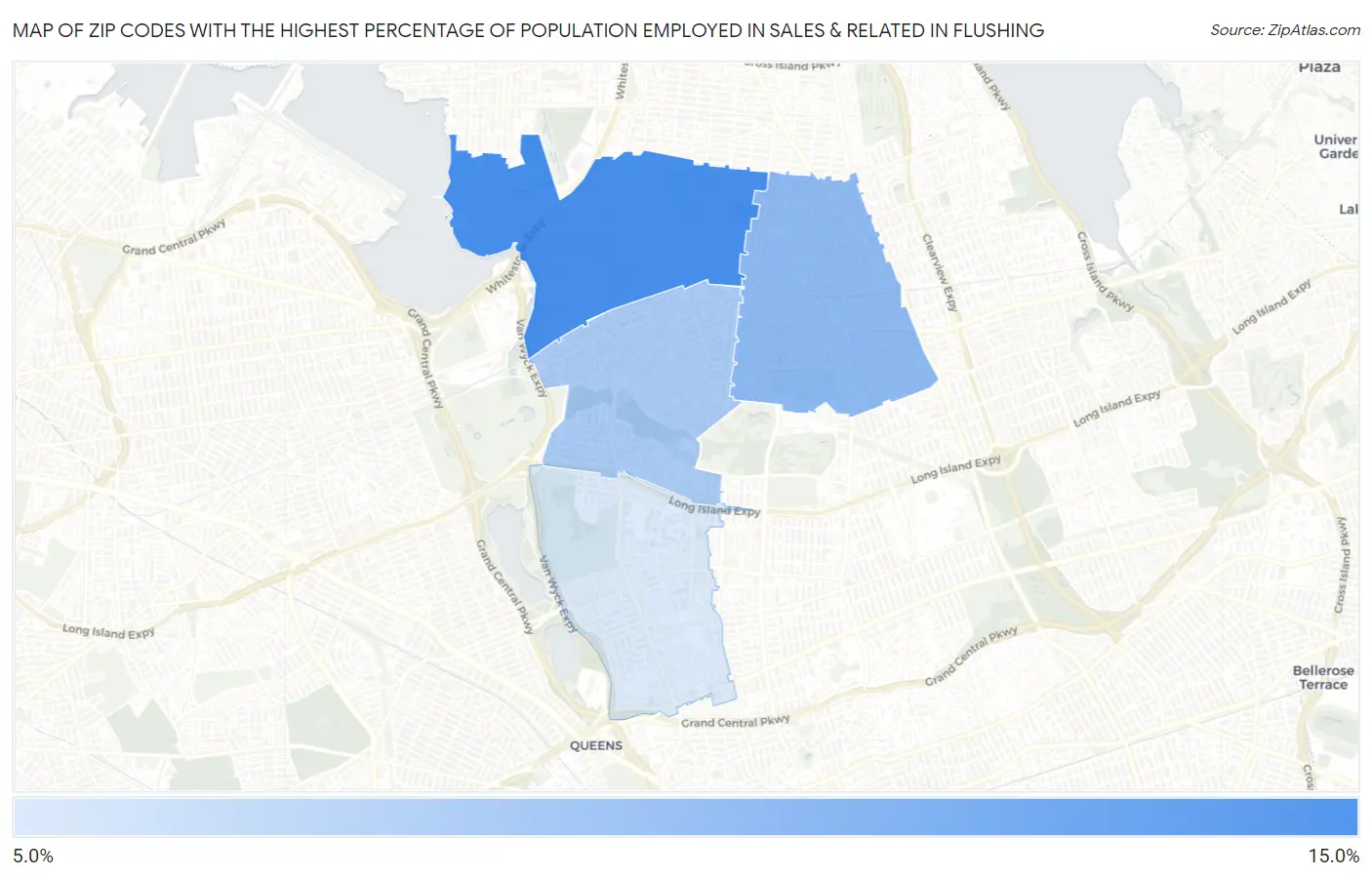 Zip Codes with the Highest Percentage of Population Employed in Sales & Related in Flushing Map