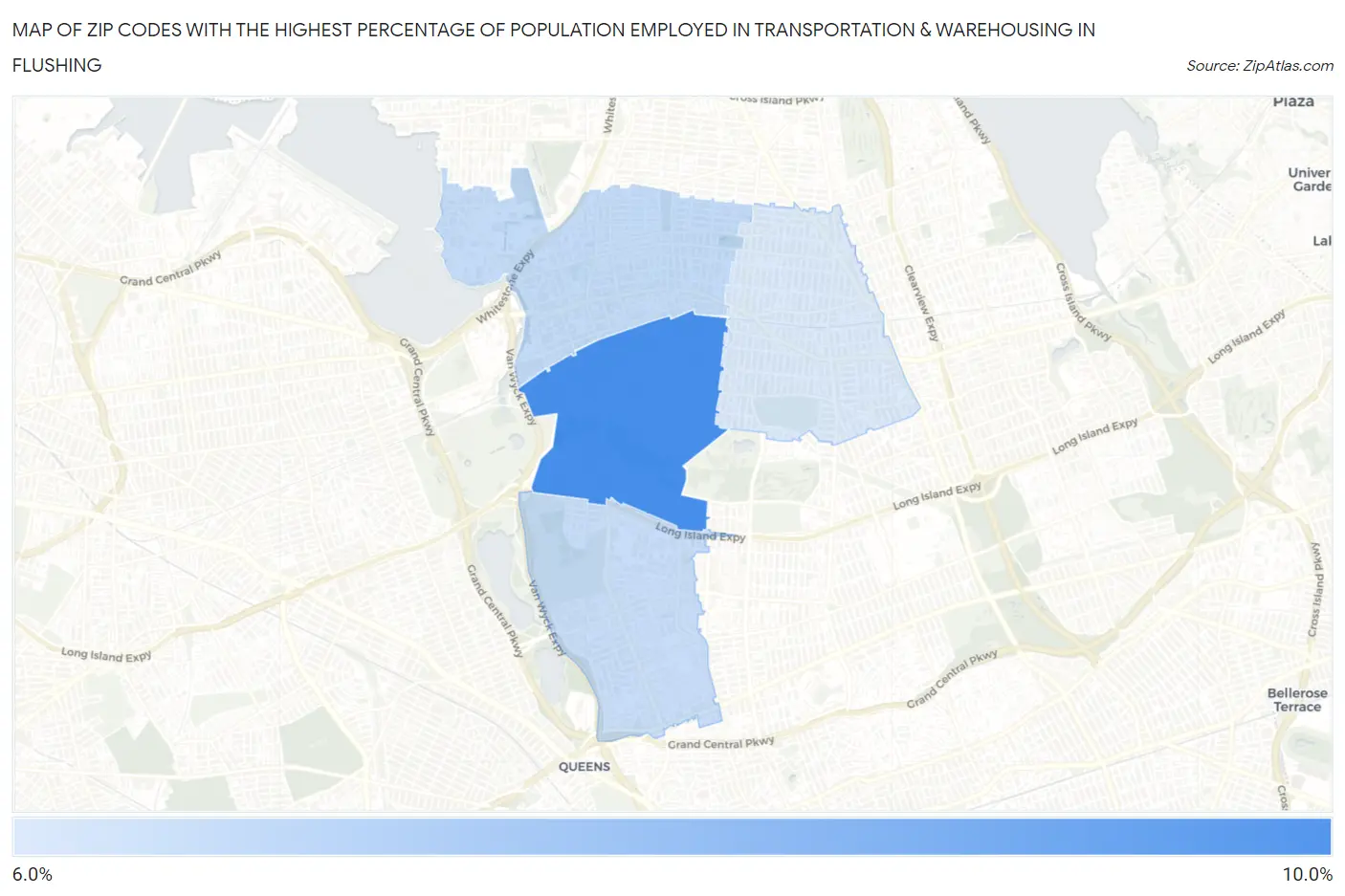 Zip Codes with the Highest Percentage of Population Employed in Transportation & Warehousing in Flushing Map