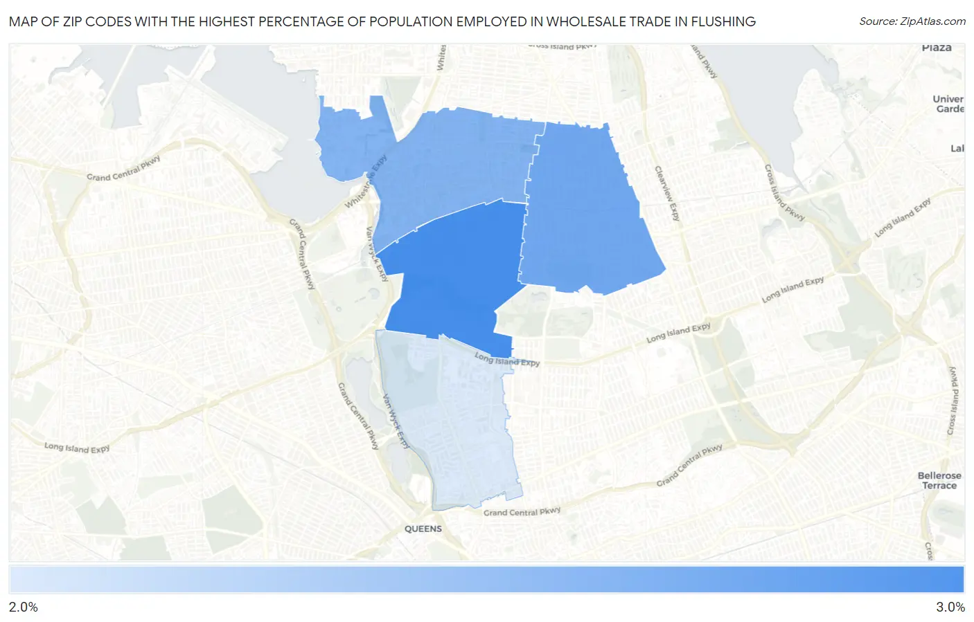 Zip Codes with the Highest Percentage of Population Employed in Wholesale Trade in Flushing Map