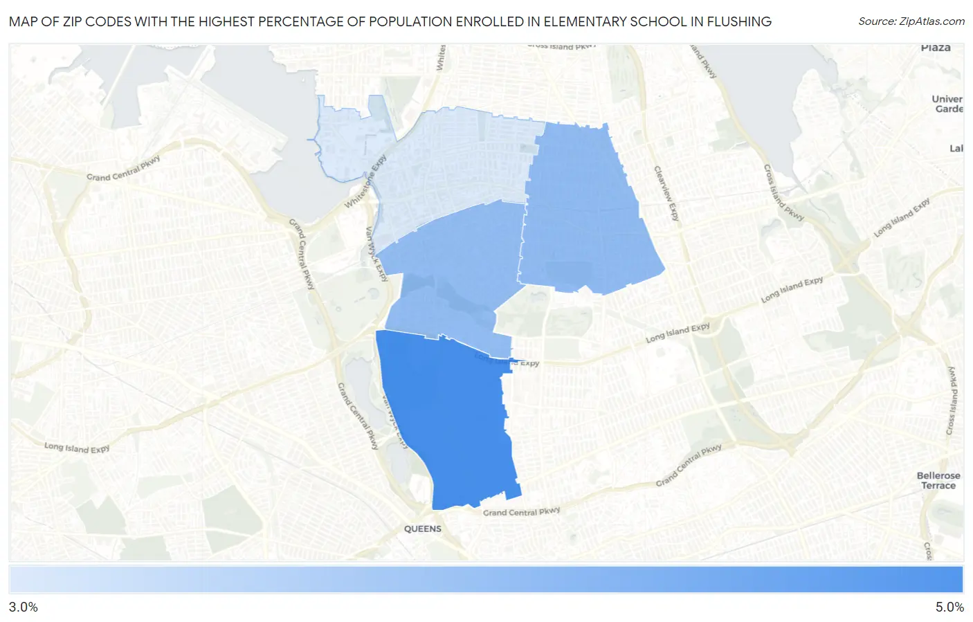 Zip Codes with the Highest Percentage of Population Enrolled in Elementary School in Flushing Map