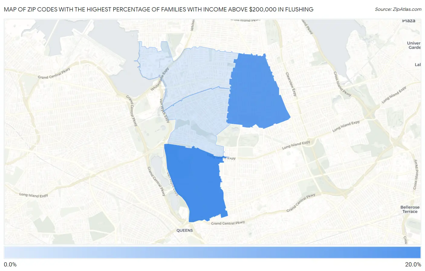 Zip Codes with the Highest Percentage of Families with Income Above $200,000 in Flushing Map