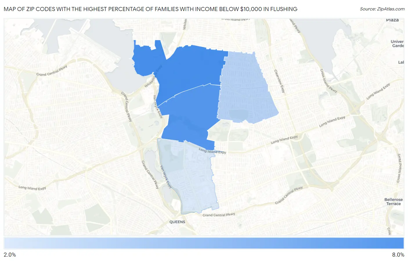 Zip Codes with the Highest Percentage of Families with Income Below $10,000 in Flushing Map