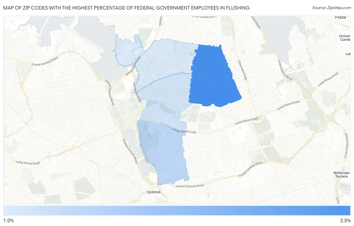 Zip Codes with the Highest Percentage of Federal Government Employees in Flushing Map
