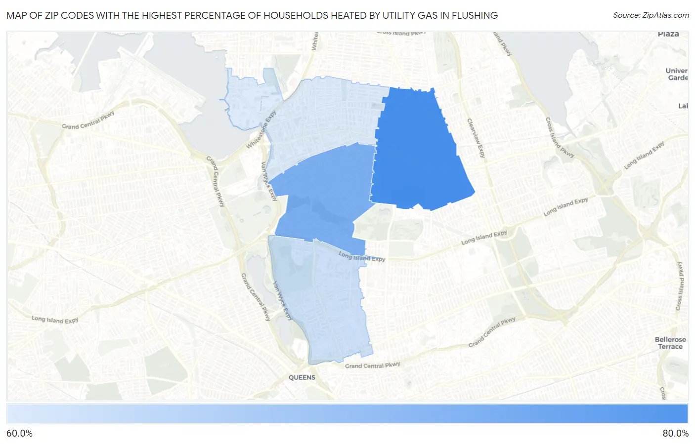 Zip Codes with the Highest Percentage of Households Heated by Utility Gas in Flushing Map